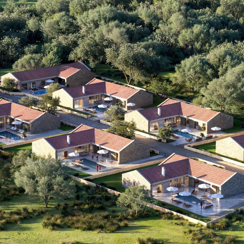 Aerial architectural rendering of a private villa resort with swimming pools near Zadar, Croatia