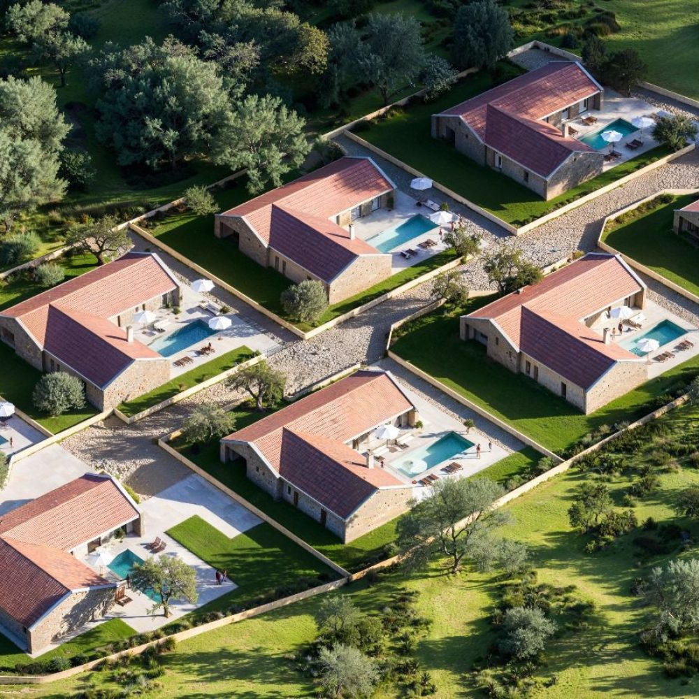 Aerial architectural rendering of a private villa resort with swimming pools near Zadar, Croatia