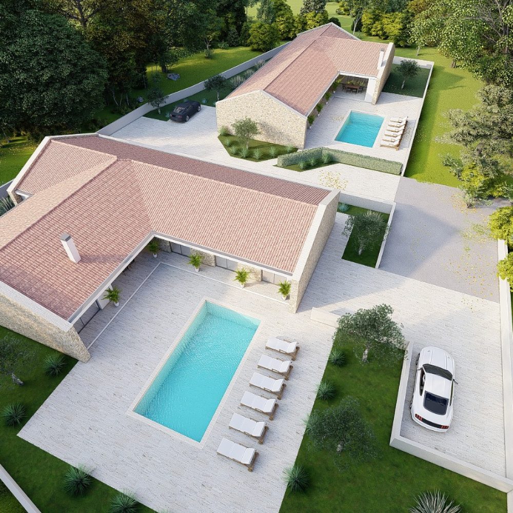 Aerial architectural rendering of two Villa Zadar residences with private pools, terraces and parking areas