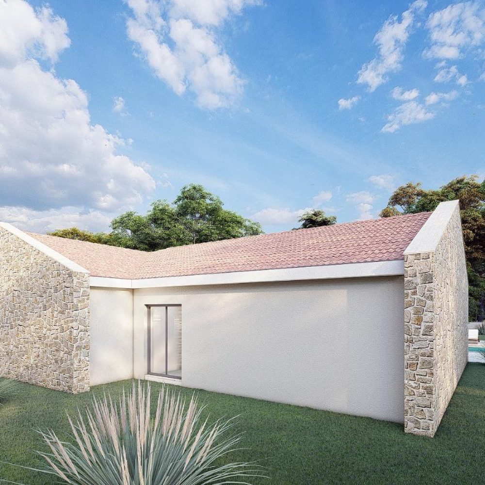 Architectural rendering of the rear exterior of Villa Zadar with stone walls and Mediterranean landscaping