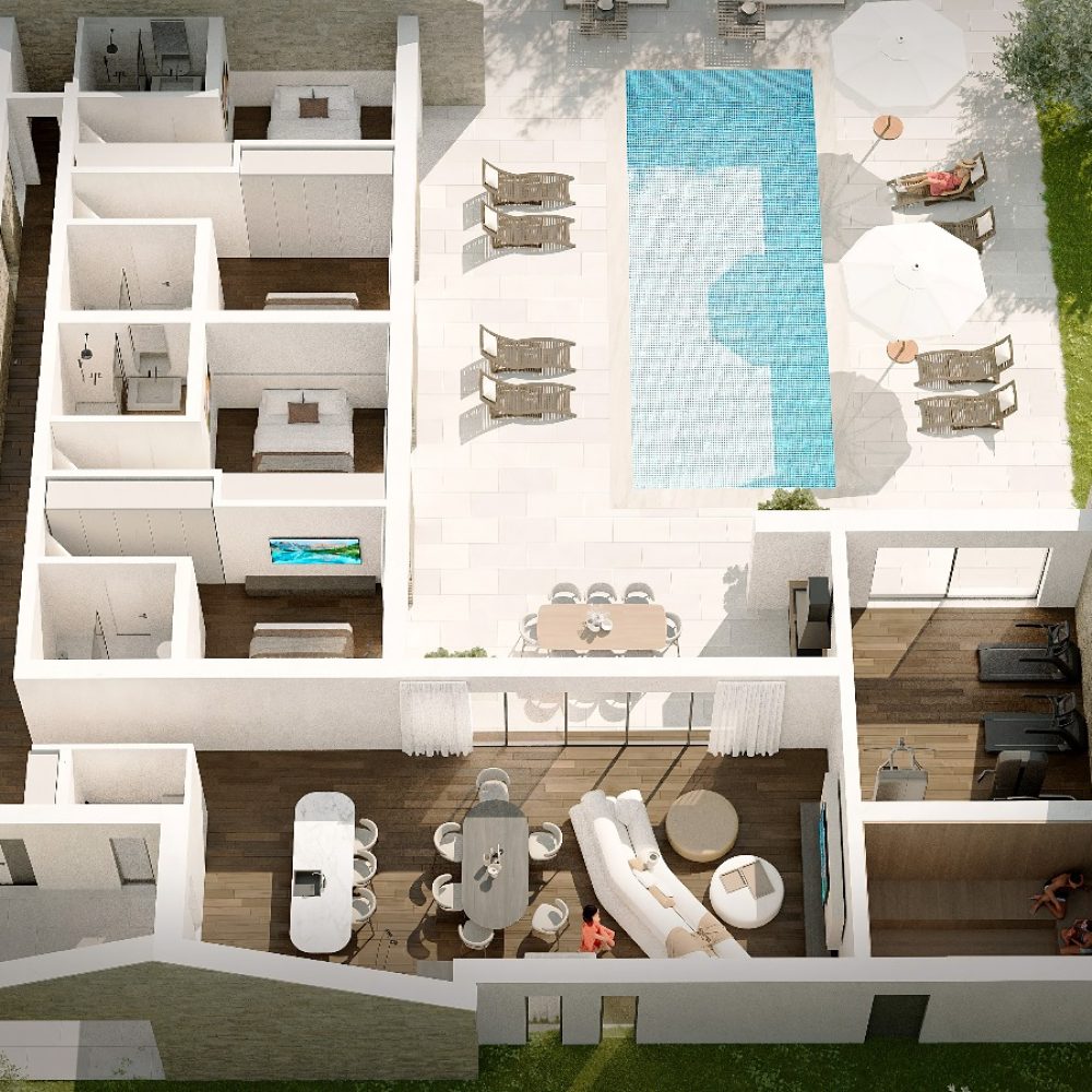 Top-down architectural rendering of Villa Zadar with three bedrooms, open-plan living area, gym and private swimming pool